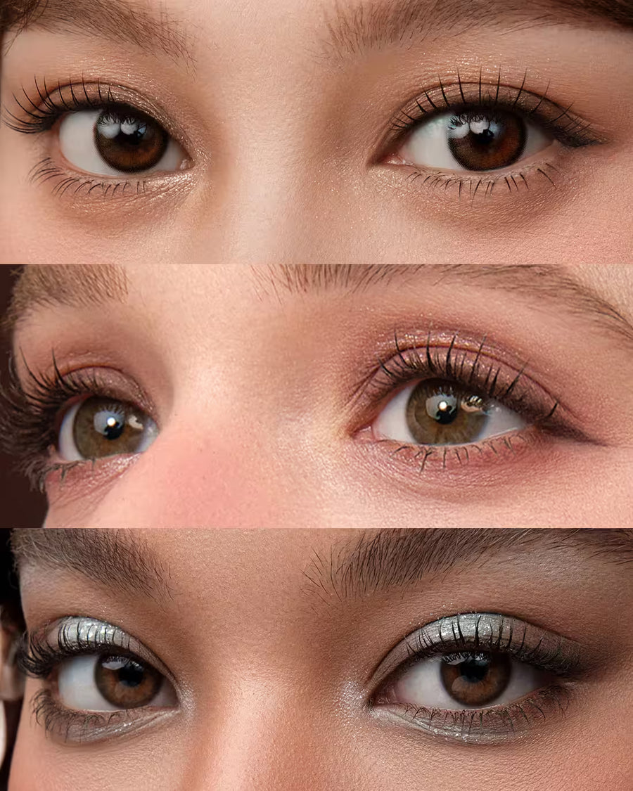 Eye makeup looks created with Flowerknows Sweetie Bear 6-Color Eyeshadow Palette showing Buttery Croissant, Strawberry Milk, and Mint Chocolate shades on eyes