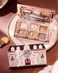 Flower Knows Sweeti Bear 6 Color Eyeshadow Palette in Shade 01, shown with the lid opened on a plate next to its outer packaging
