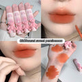 Collage of a pink lip stick with bear design, applied on lips and swatched on skin.