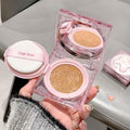 Gege Bear air cushion liquid matte foundation waterproof full coverage compact packaging with mirror and puff in a luxury K-beauty design held on the hand 