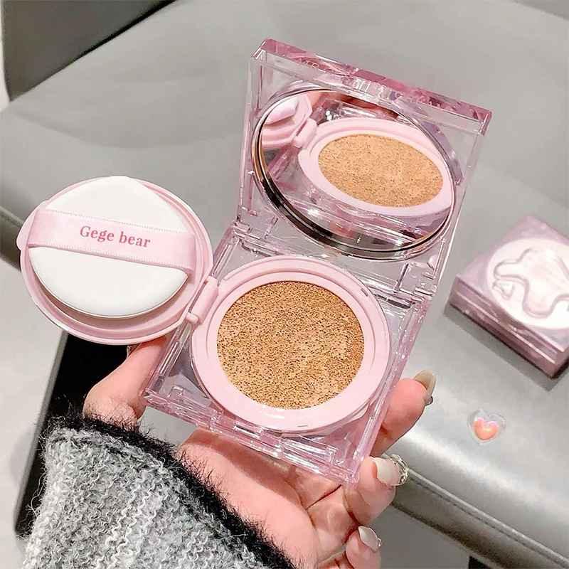 Gege Bear air cushion liquid matte foundation waterproof full coverage compact packaging with mirror and puff in a luxury K-beauty design held on the hand 