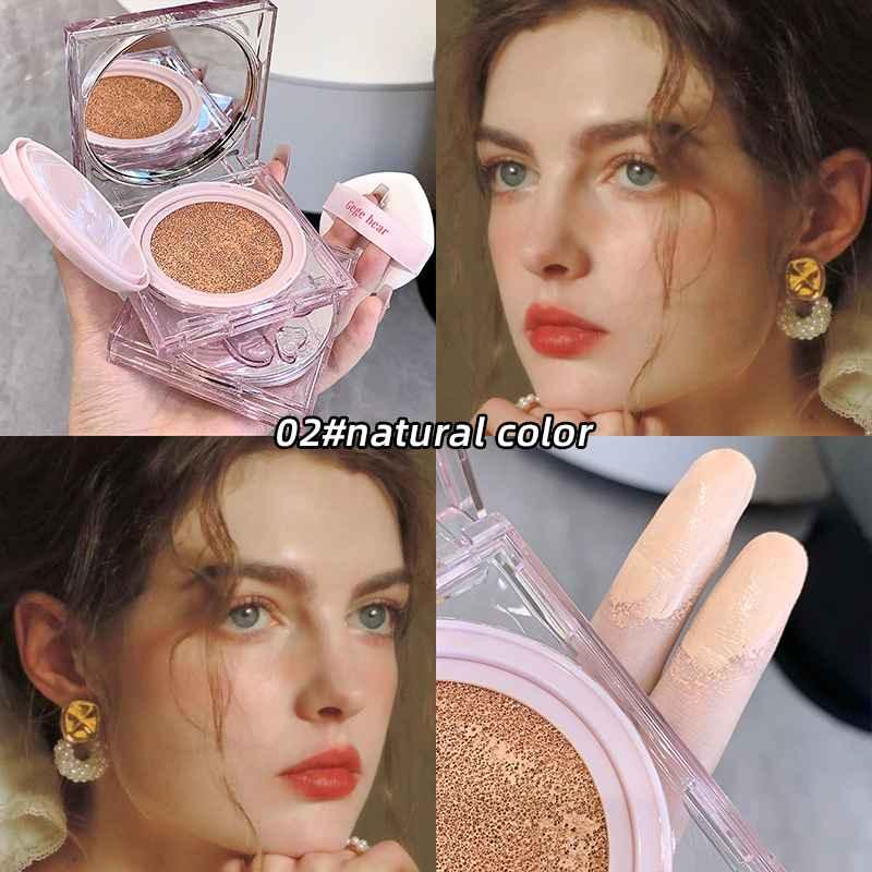 Collage showing Gege Bear cushion foundation in Natural Shade 2 applied on skin, with finger highlighting color pigmentation, texture, and smooth blending effect.
