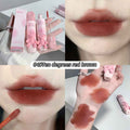 Collage of a pink lipstick  with packaging, applied on lips and swatched on skin.stick