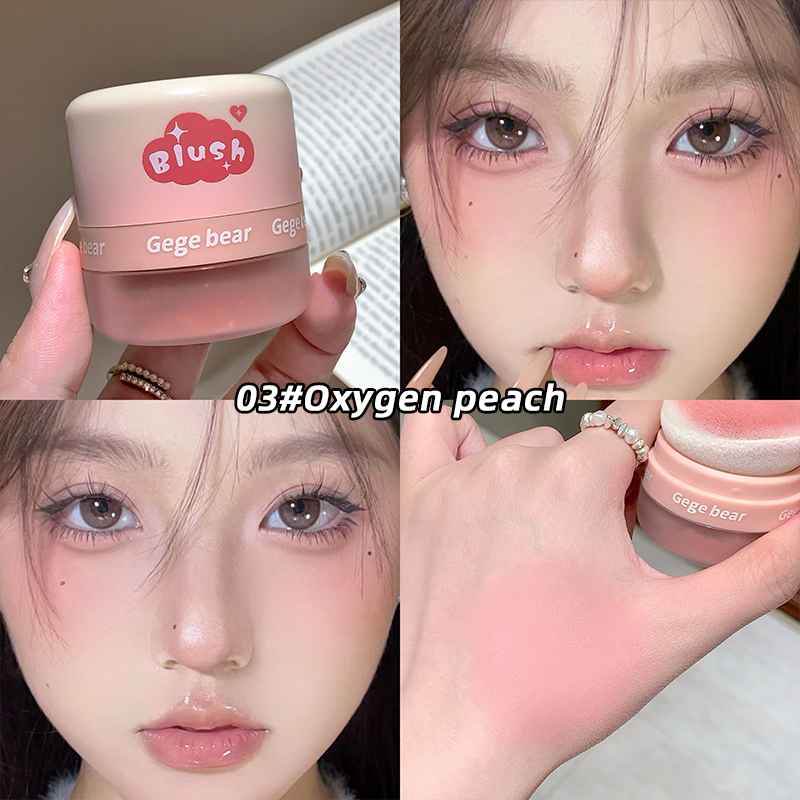 Gege Bear Blush Powder with Mirror and Puff - Waterproof, Full Coverage, Natural Finish, Color Correction for All Skin Tones, Orange/Pink/Red Shade, High Gloss Contouring Lazy Air Cushion Loose Powder