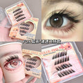 False eyelashes packaging and application on eyes with close-up details.