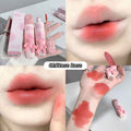Collage of a pink lipstick with packaging, applied on lips and swatched on skin.