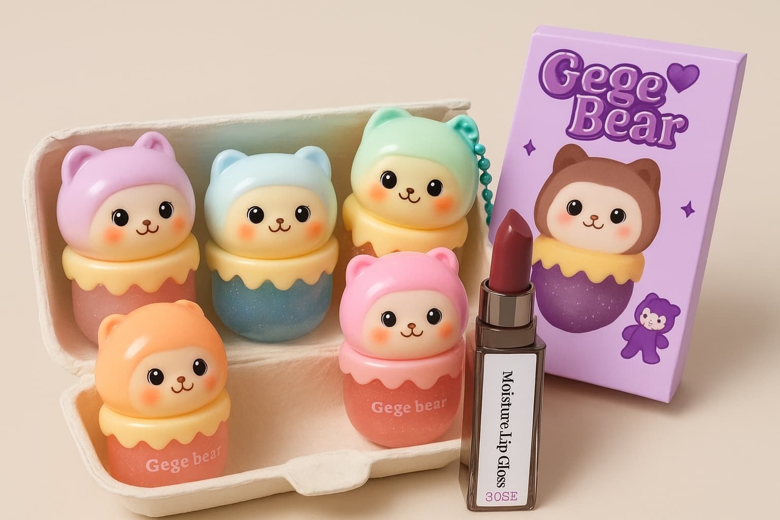 Set of Gege Bear lip gloss in an egg-shaped holder with a lip sticks and packaging on a beige background.