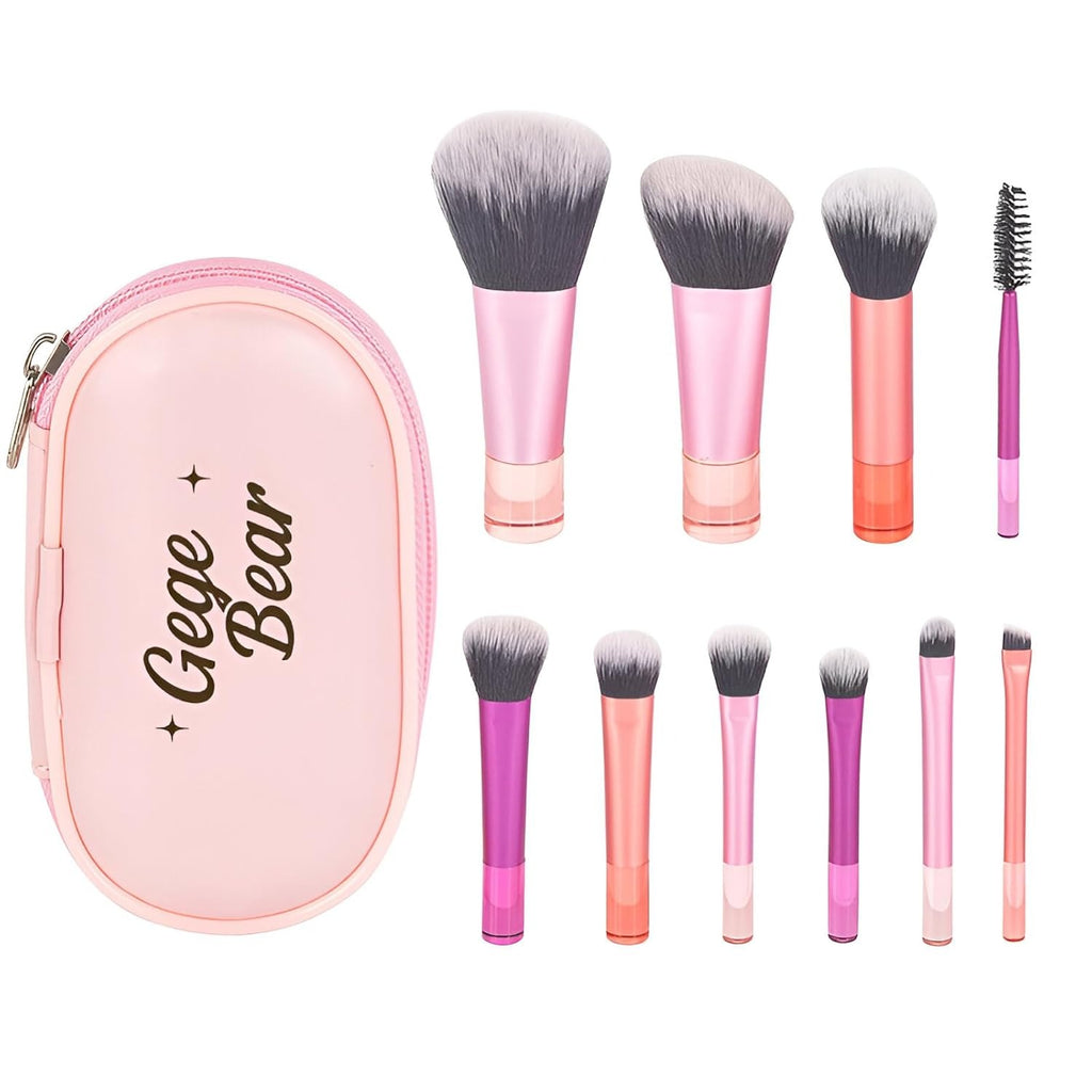 Gege Bear Mini Makeup Brush Set | Blush, Highlighter, Concealer for Under Eyes Brushes for Makeup | 10 Pcs Brushes Kit Makeup Set | Soft Fluffy Bristles | Pink and Purple Metallic Handles | Perfect for Girls Teens Women | Kawaii Pink Design