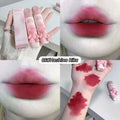 Collage of a pink lipstick with packaging, applied on lips and swatched on skin.
