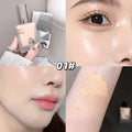 Collage showing Gege Bear Moisturizing Liquid Foundation packaging next to a model demonstrating a natural, flawless glow on her face and arms after application.