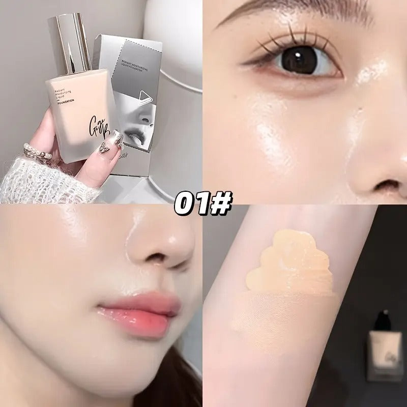 Collage showing Gege Bear Moisturizing Liquid Foundation packaging next to a model demonstrating a natural, flawless glow on her face and arms after application.