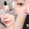 Collage showing Gege Bear Moisturizing Liquid Foundation shade 2 packaging next to a model demonstrating a natural, flawless glow on her face and arms after application.