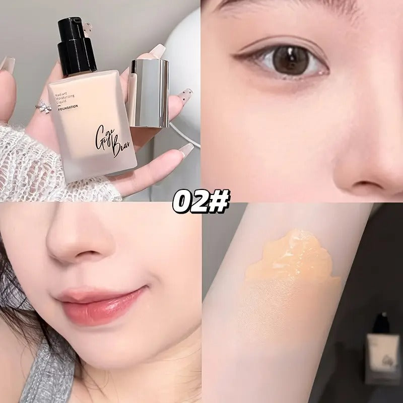 Collage showing Gege Bear Moisturizing Liquid Foundation shade 2 packaging next to a model demonstrating a natural, flawless glow on her face and arms after application.