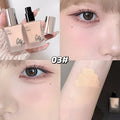 Collage showing Gege Bear moisturizing liquid foundation applied on face and arm, highlighting shade pigmentation, blendability, and natural finish on skin.