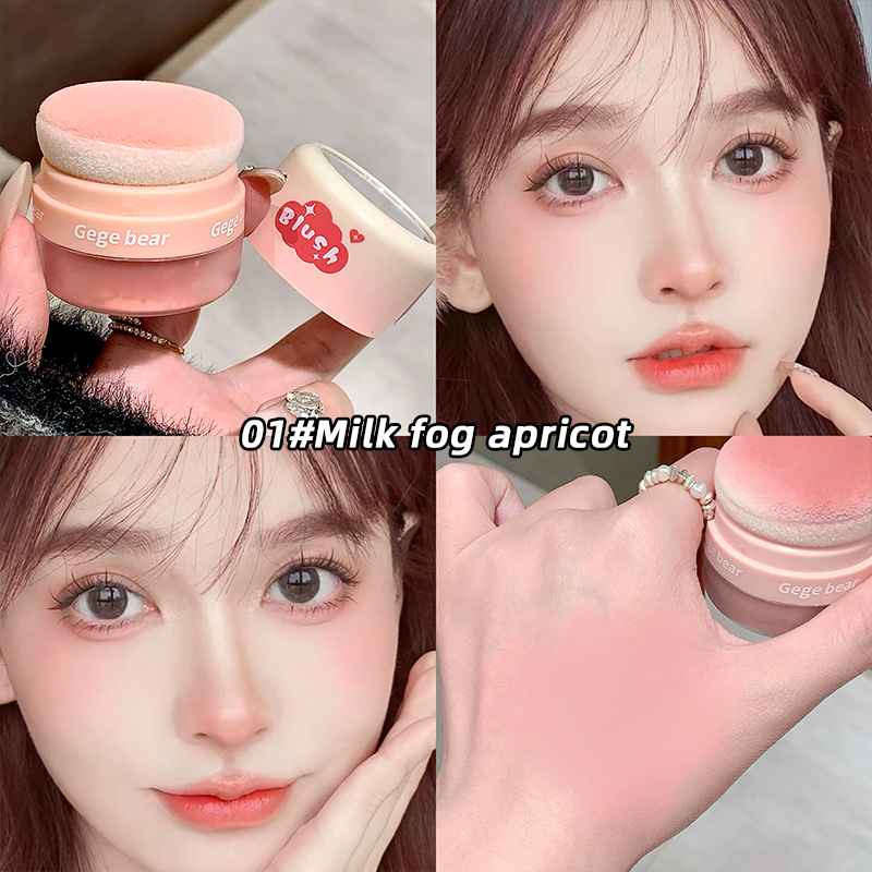 Gege Bear Blush Powder with Mirror and Puff - Waterproof, Full Coverage, Natural Finish, Color Correction for All Skin Tones, Orange/Pink/Red Shade, High Gloss Contouring Lazy Air Cushion Loose Powder
