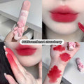 Lipstick with pink cap held by a hand, close-up of lips wearing the lipstick, swatches on wrist and palm, and product name 'GEGE BEAR' displayed.