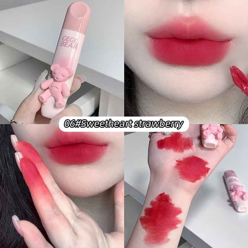 Lipstick with pink cap held by a hand, close-up of lips wearing the lipstick, swatches on wrist and palm, and product name 'GEGE BEAR' displayed.