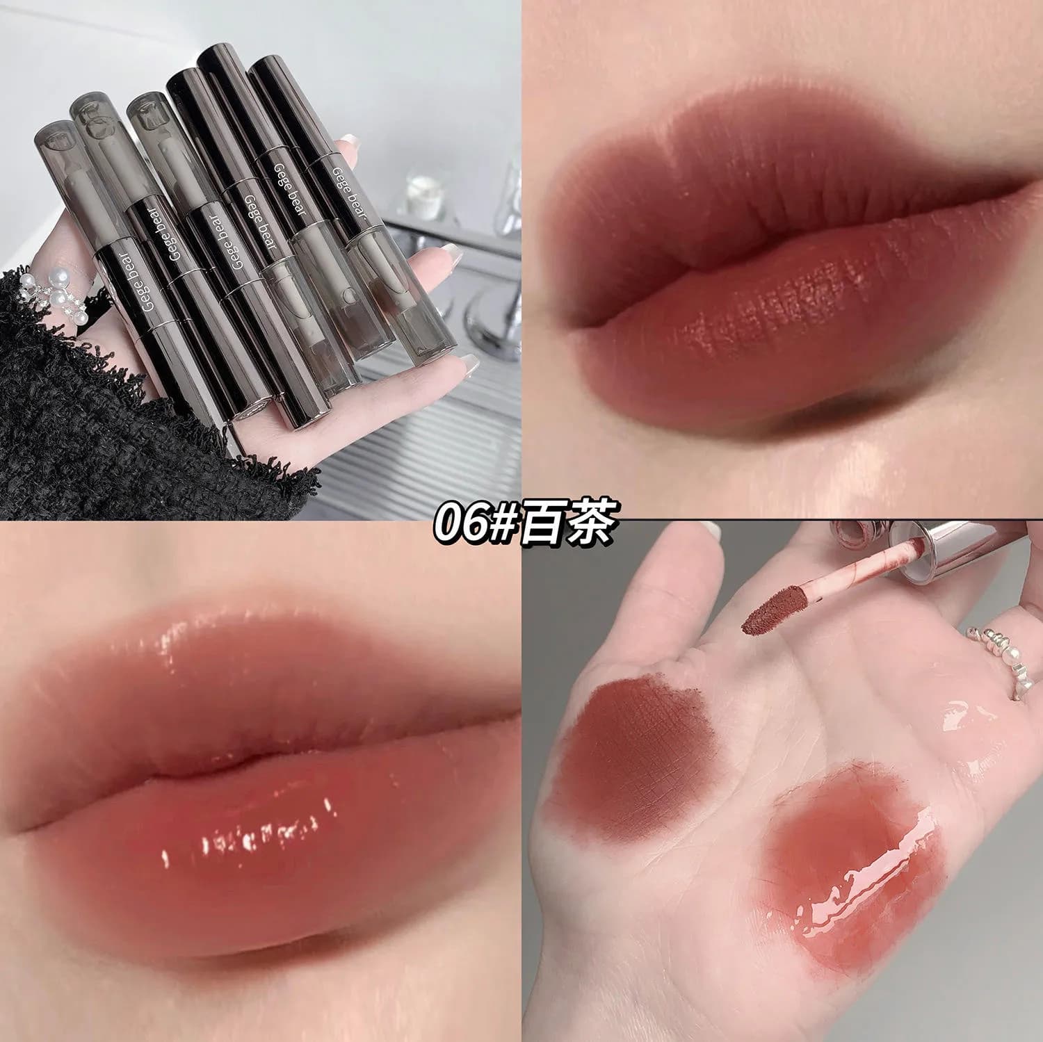 Collage of lipsticks, close-ups of lips with the color and a hand applying the lipstick.