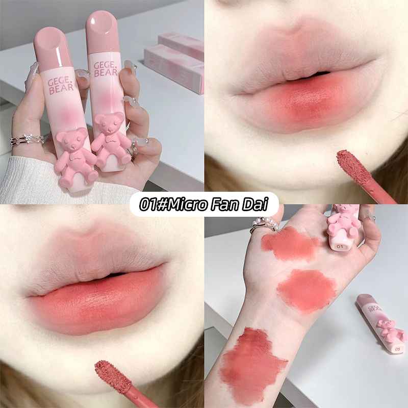 Collage of a lipstick with a bear design, applied to lips and swatched on skin.
