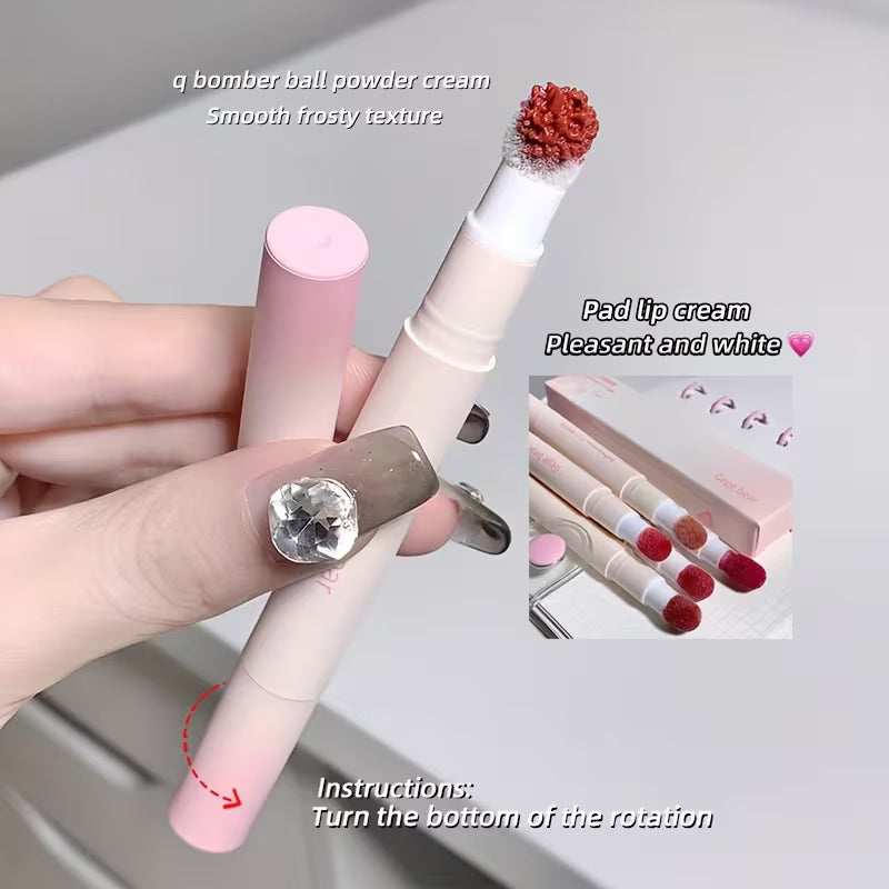 Two lip products with text describing their features and usage instructions.