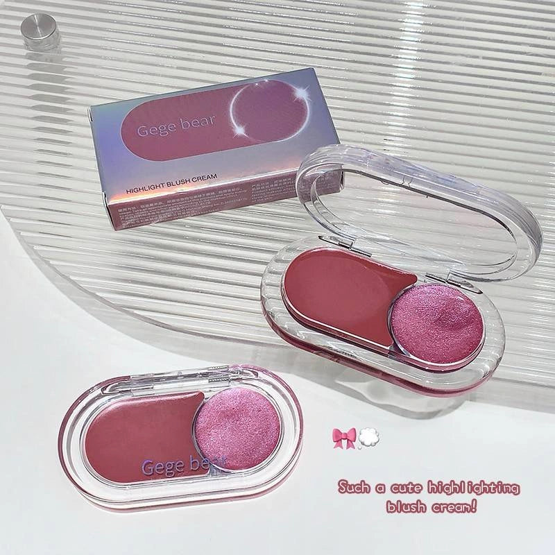 Pink highlighting blush cream with packaging on a white background