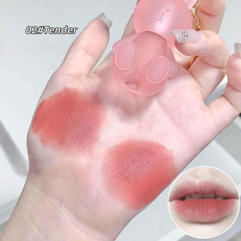 gege bear bunny lipsticks pigmentation shown on the hand against the white background 