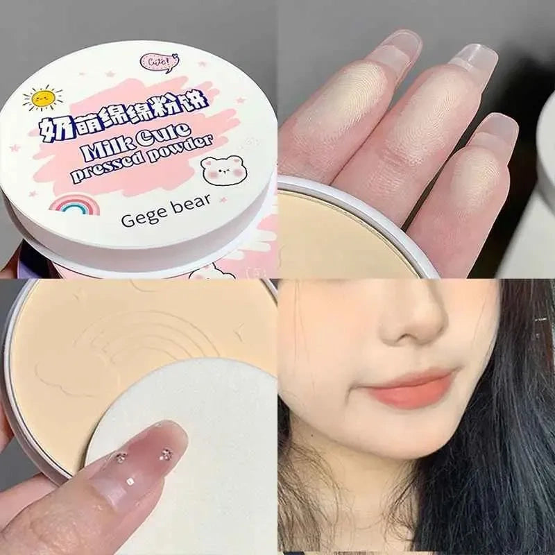 Collage of a compact powder container, pressed powder, and a person applying it to their face.