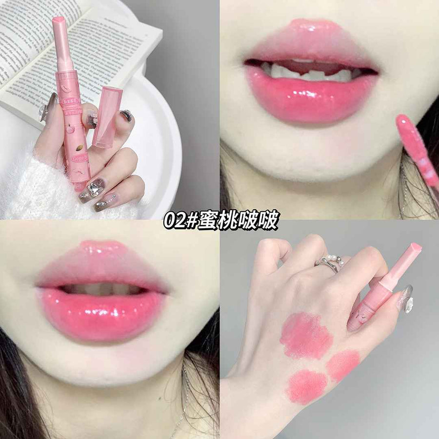 Collage of a pink lipstick with close-ups of lips and swatches.