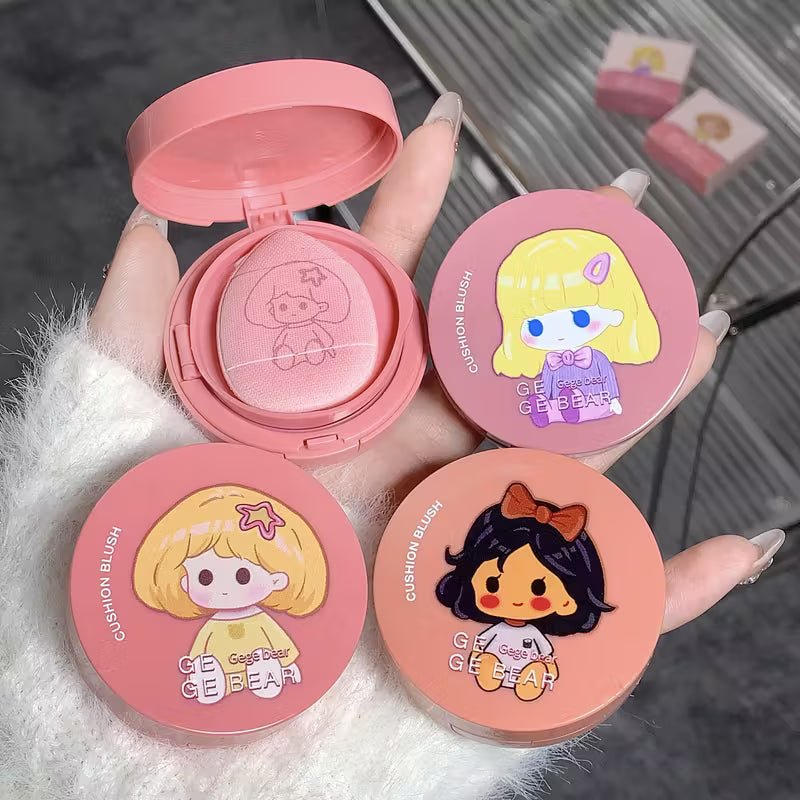 Three gege bear air cushion blushes printed artoon character designs on a blurred background