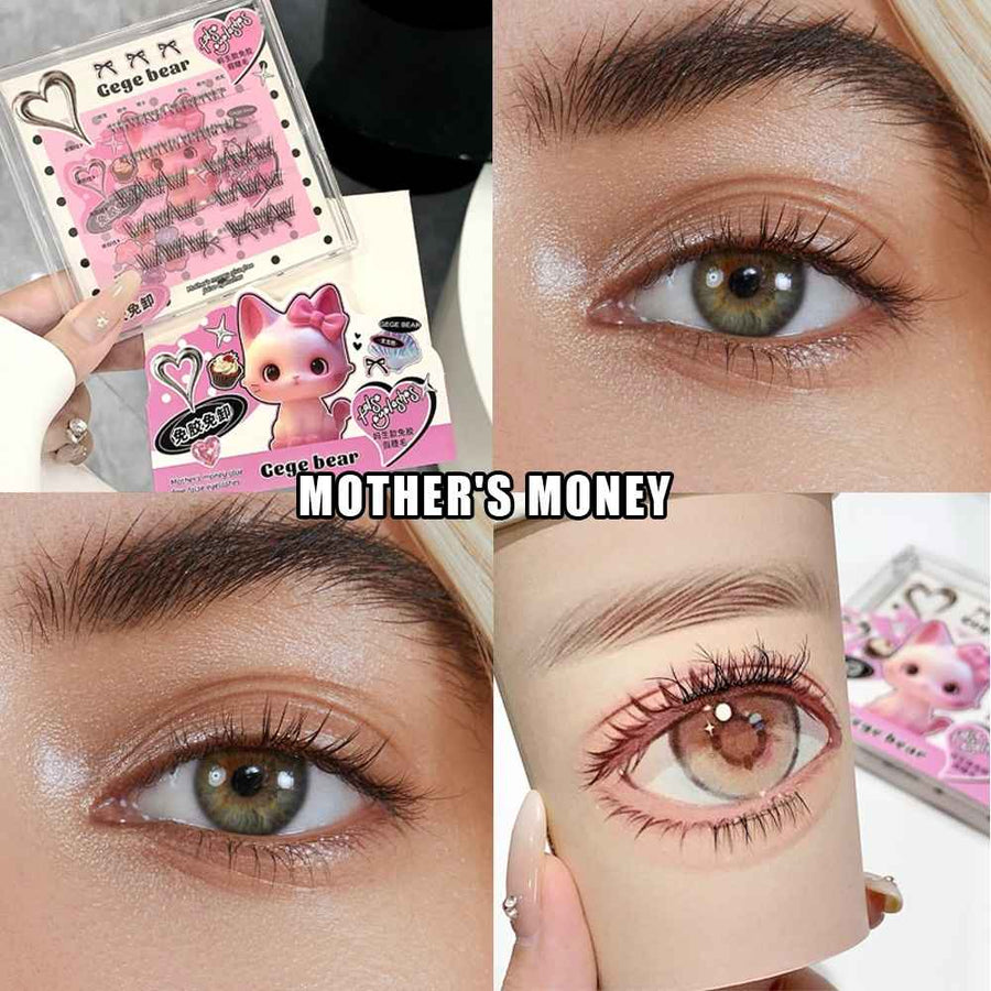 magnetic eyelashes by gege bear a cute cat printed on the cluster casing and collate of image showing how it looks on a real eyes and cup 