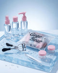 gege bear makeup beauty blender along with eye curler plastic bottles tweezers cointainers