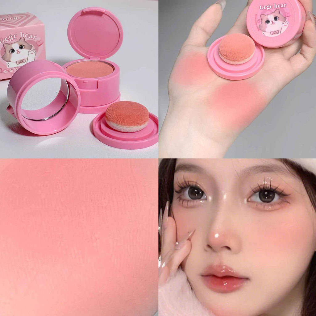 Peach makeup blush branded by gege bear and showing pigmenation on a model's face with cat's image printed on a plastic packaging