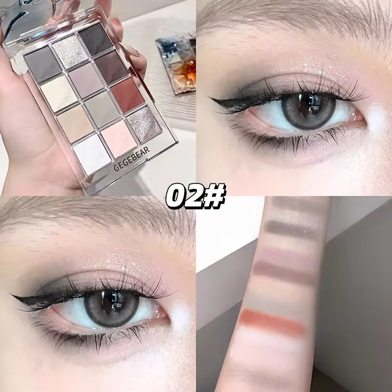 12 color gege bear professional eyeshadow palette and collate of images showig pigmentation of all colors and an eye showing how it potentially look after being applied 