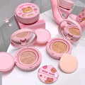 Pink makeup foundation products with bear design on a white background
