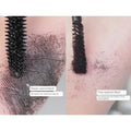 Close-up of mascara brushes and fiber with text describing color and effect on lashes.