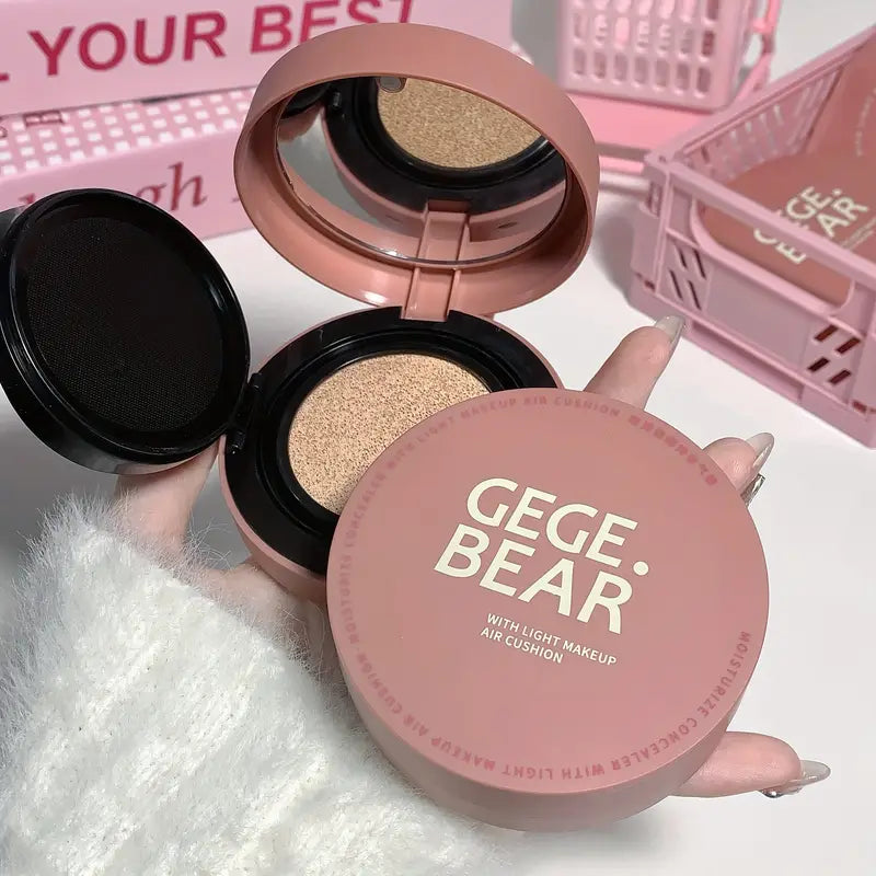 “Gege Bear Lightweight BB Cream Air Cushion compact with cute bear design, includes one refill, featuring hydrating lightweight formula, natural brightening, breathable non-cakey coverage, and soft matte finish suitable for all skin types.”