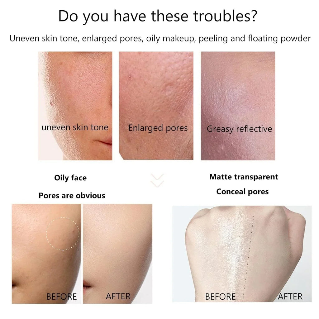 Before and after comparison of skin treatments with text describing skin issues and solutions.