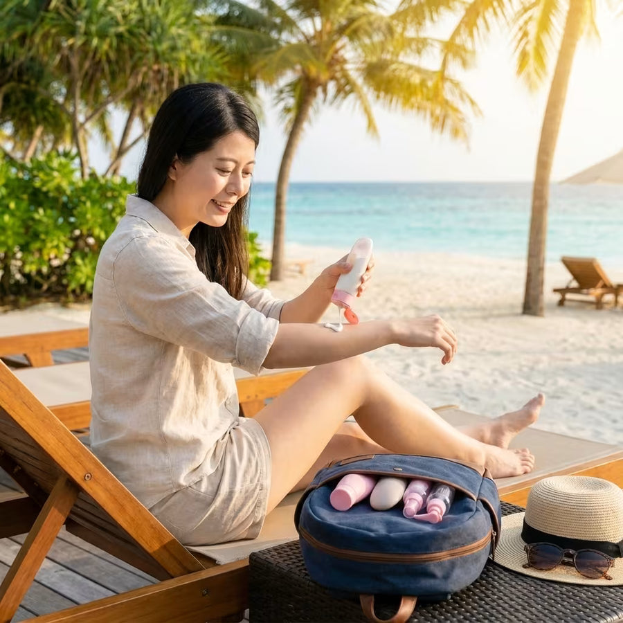 a girl on a vacation using cosmetic lotion on her arms by the beach on her bag travel cosmetic bottles in pink color is cleary visble on a daylight 