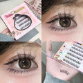 Collage of false eyelashes with packaging and application on eyes.