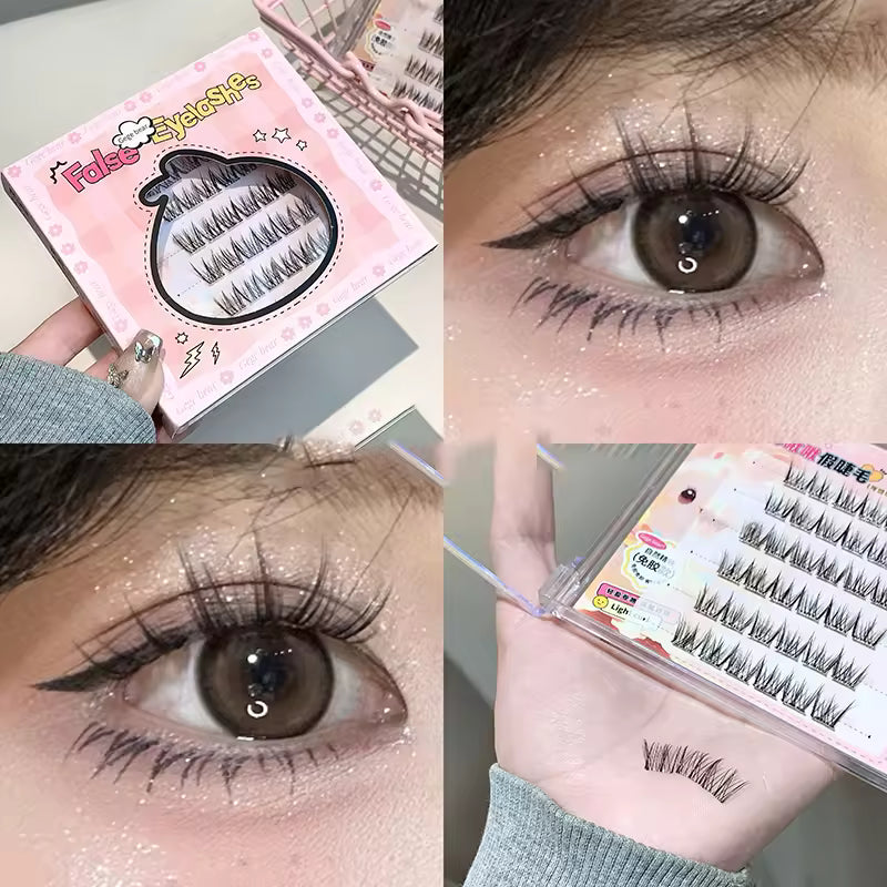 Collage of false eyelashes with packaging and application on eyes.