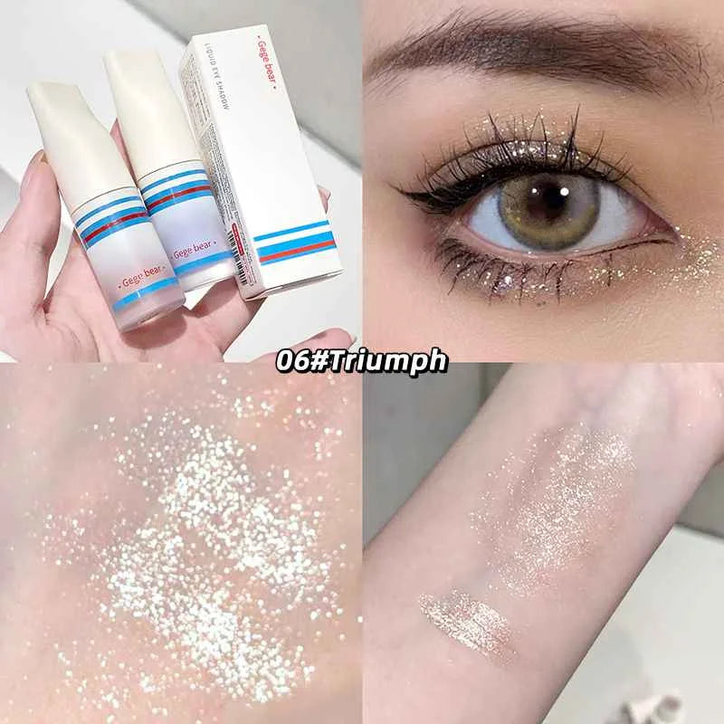 Collage of gege bear eyeshadow eye makeup liquid shimmer, and glitter on skin with '06# Triumph' text.