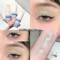 Makeup liquid shimmer eyeshadow with application on eyes and swatch on skin, labeled '04# Floating Green'.