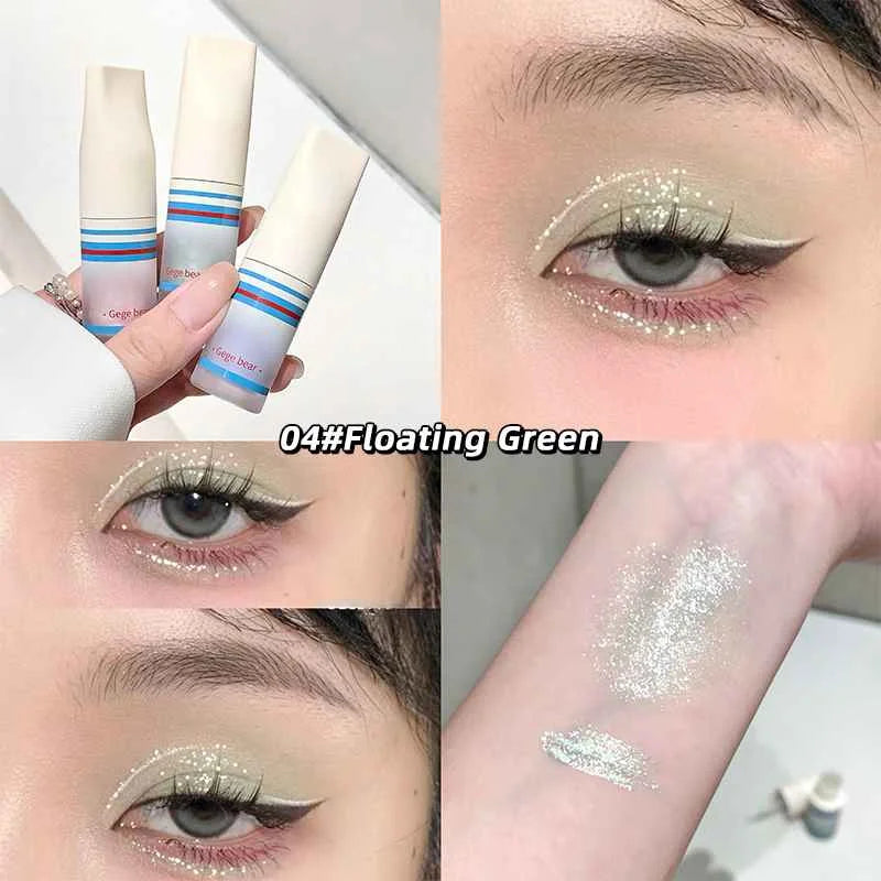 Makeup liquid shimmer eyeshadow with application on eyes and swatch on skin, labeled '04# Floating Green'.