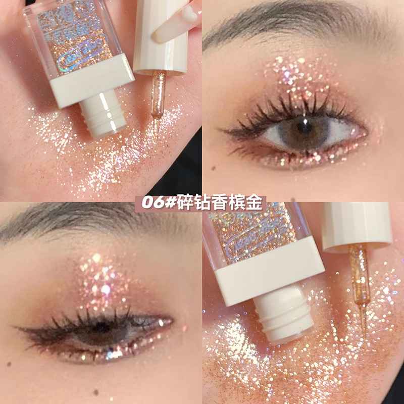 Collage of golden glittery  Eyeshadow palette makeup application with close-up shots of the product and eyes.