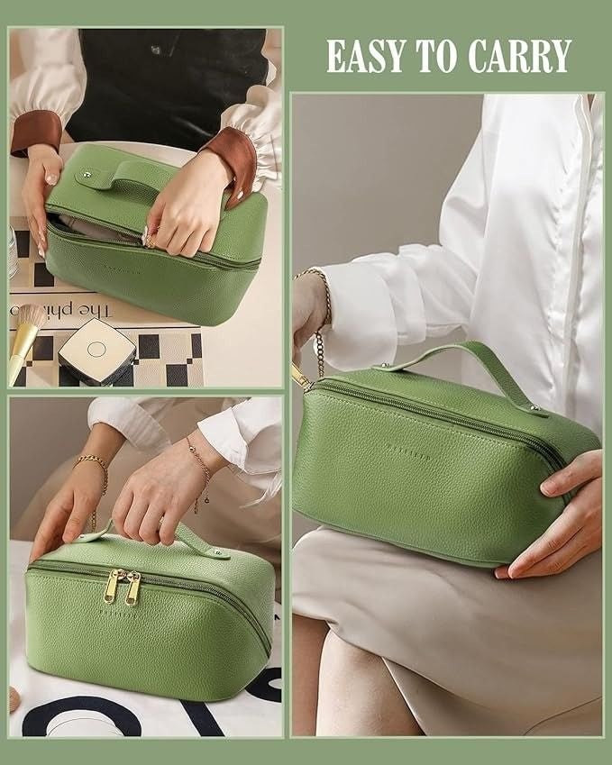 Green cosmetic bag being held and used by a person, with text 'EASY TO CARRY' at the top.
