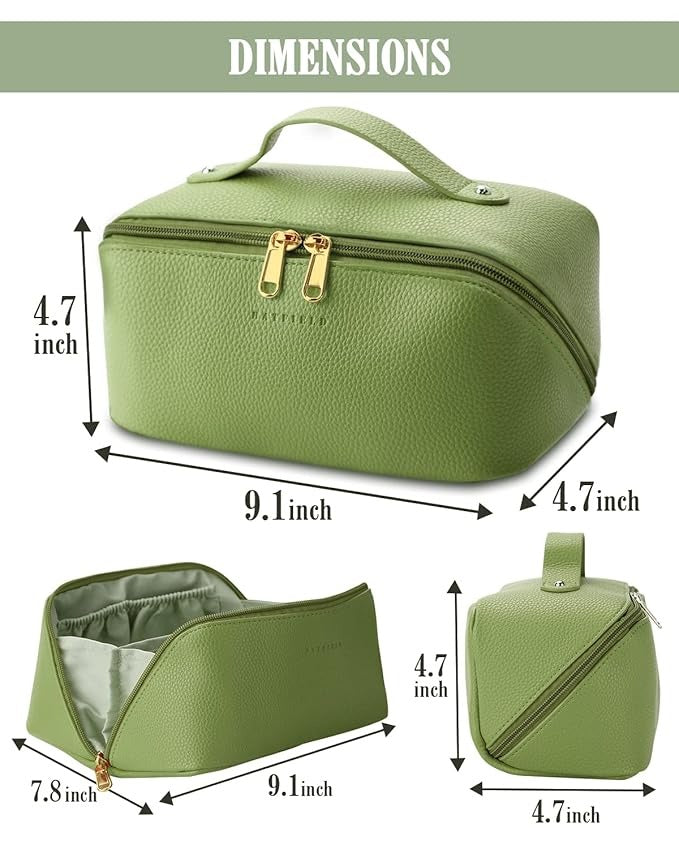 Green cosmetic bag with dimensions indicated