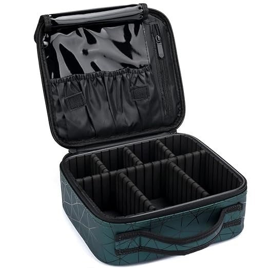 Black and green makeup box with compartments on a white background