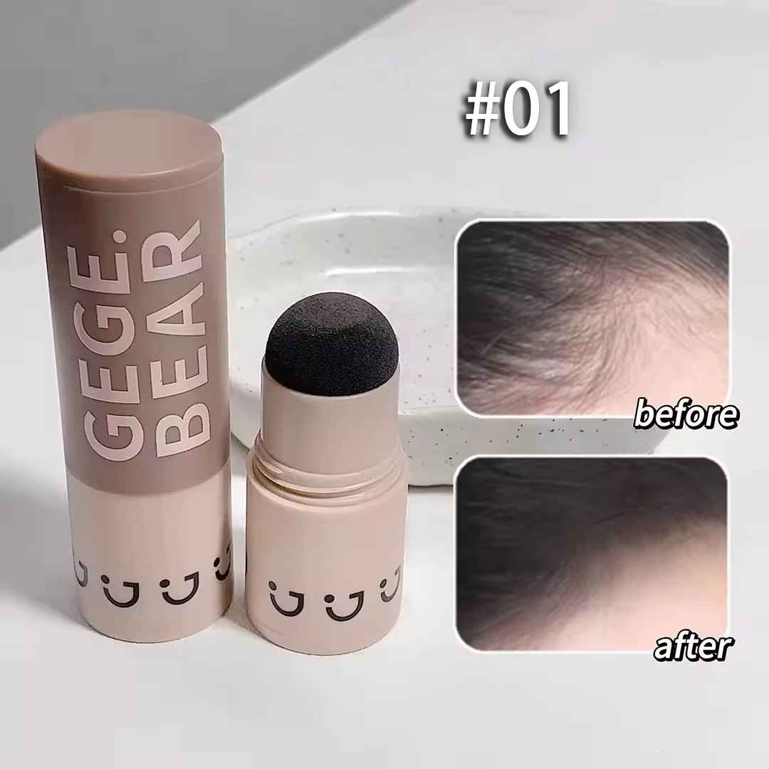 GEGE BEAR grey hair powder with 'before' and 'after' hairline comparison on a gray background