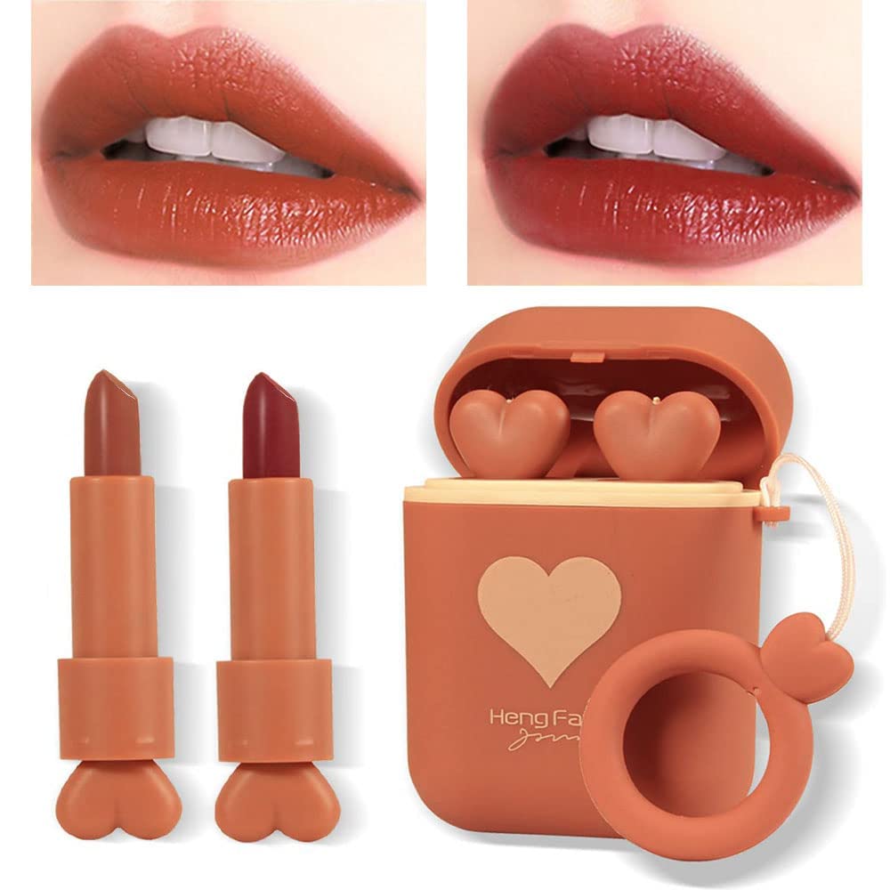 Lipstick with heart-shaped case and ring, close-up of lips wearing the lipstick.