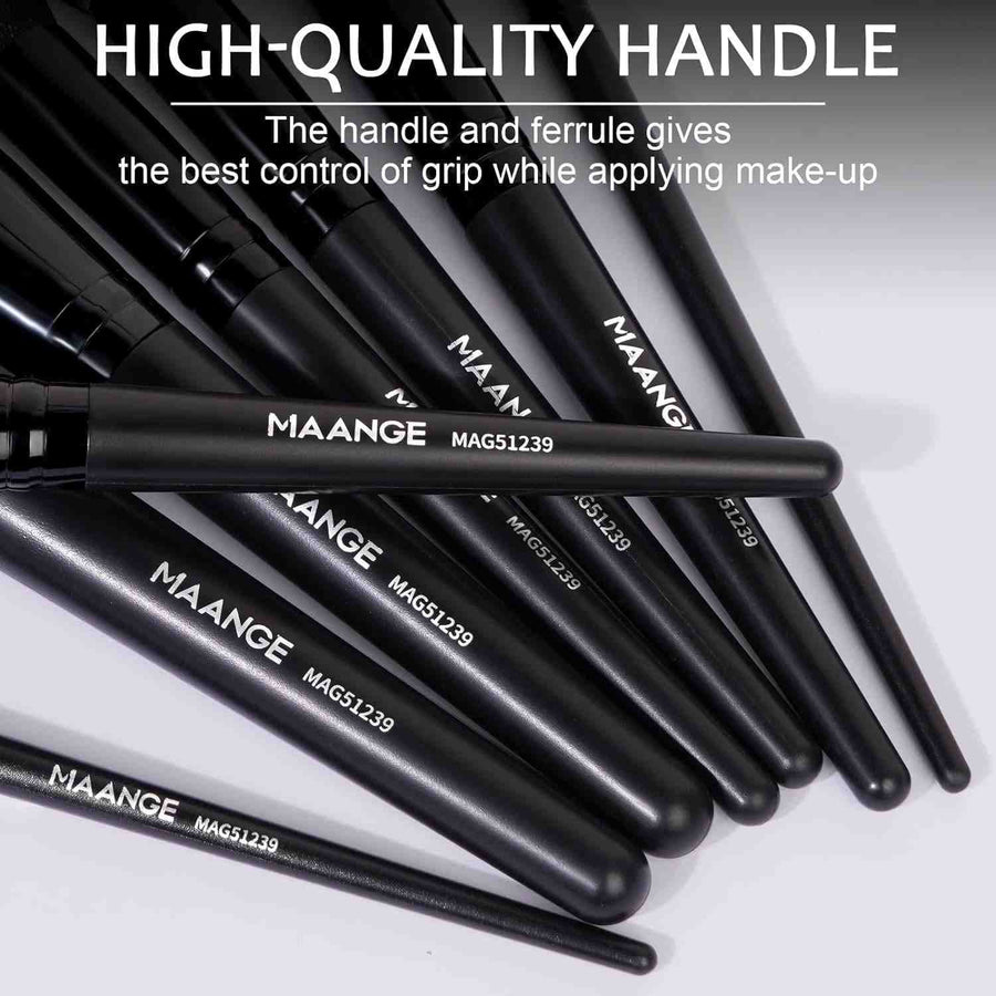 Black makeup brushes with 'MAANGE' branding on a light gray background